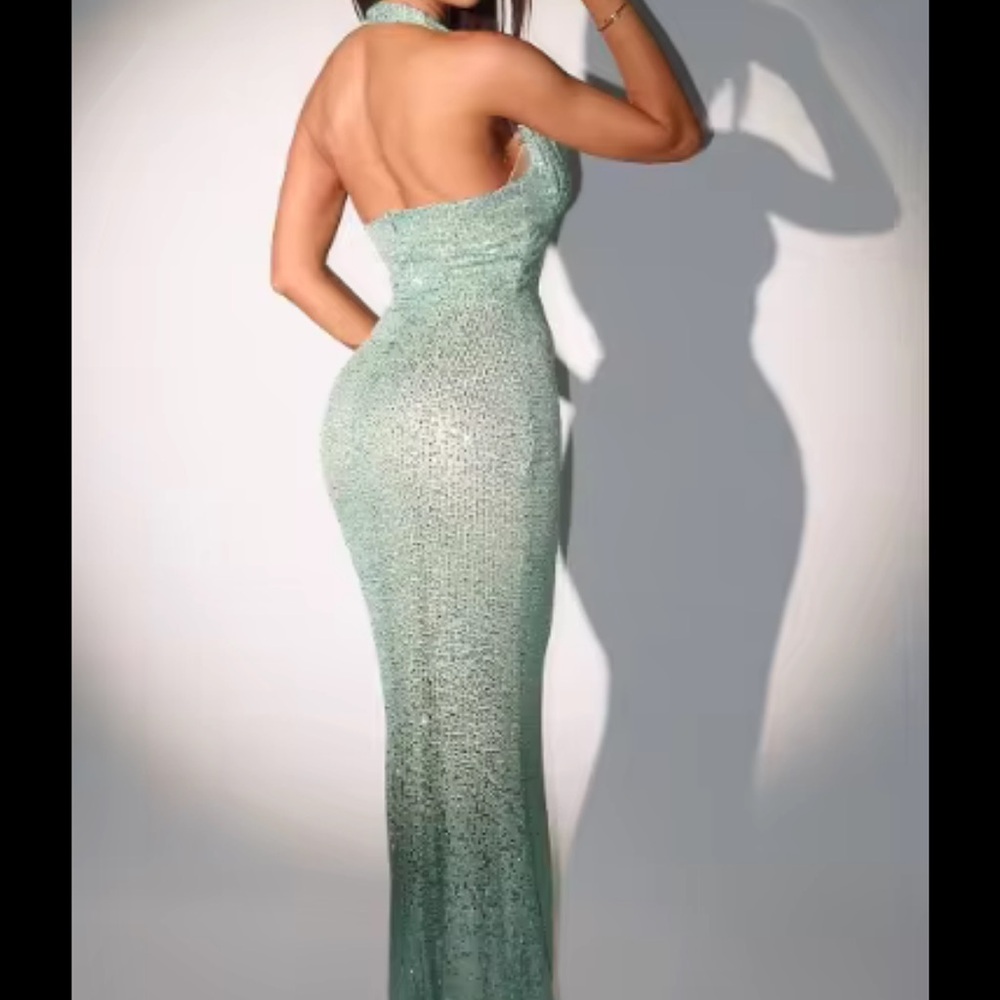 Gorgeous Green Sequin Halter Gown - Picture 5 of 12